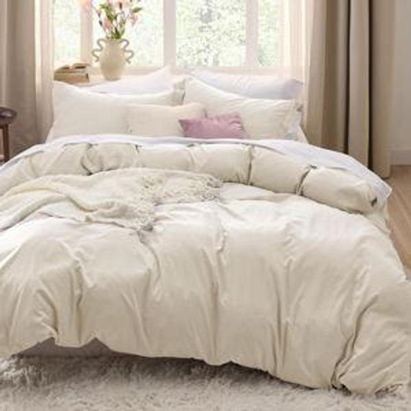 Bedsure Oat Milk Duvet Cover King Size - 3 Pieces Prewashed Cotton-Like Extra Soft Bedding Set, Includes 1 Duvet Cover 104x90 Inches with Zipper Closure & 2 Pillow Shams, Comforter Not Included