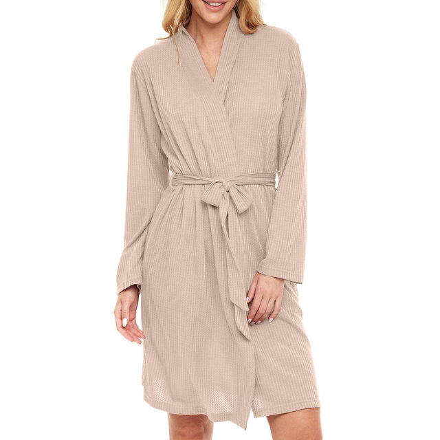ADR Women's Ribbed Knit Wrap Robe with Pockets, Lightweight Bathrobe Ivory Medium
