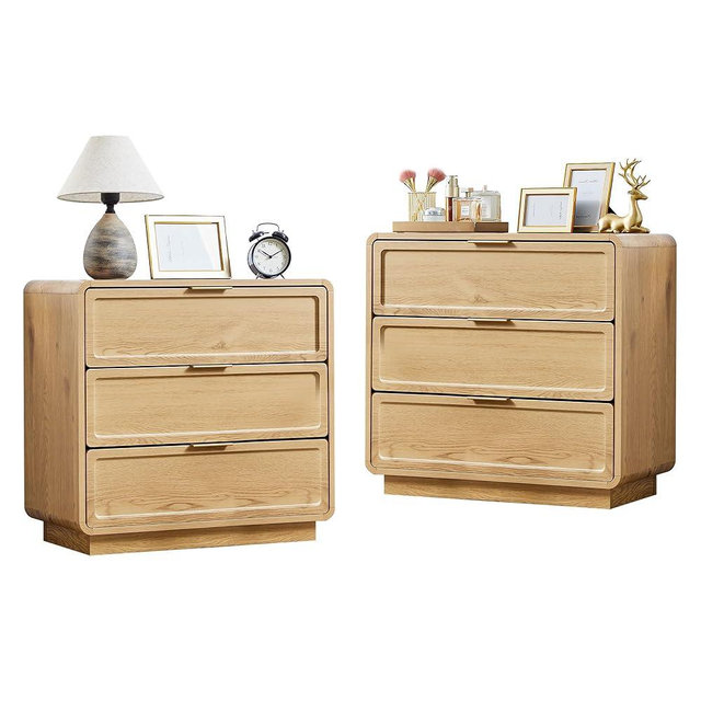 Modern Nightstand Set of 2 for Bedroom, 26'' Wide Wood 3 Drawers Bedside Table, Large Dresser w/Curved Profile Design, Side Table, End Table with Storage Drawers for Living Room, Entryway, Natural