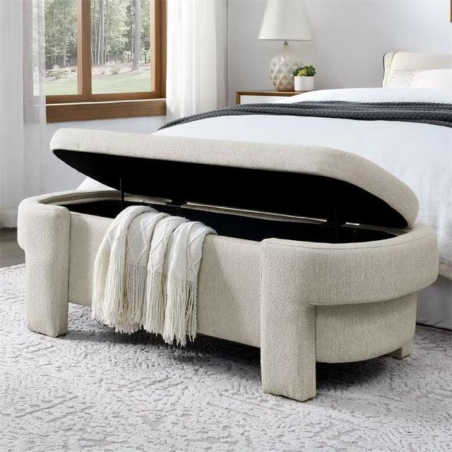 Oval Storage Ottoman Bench, 51.5" Linen Fabric Upholstered Entryway Bench with Safety Hinge and Turned Legs, Flip Top Foot Rest Long Stool for Sofa Couch Bedroom End of Bed Living Room, Beige