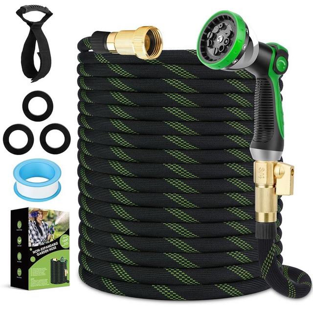 FlexiSolve Garden Hose 100 ft, NON-EXPANDABLE Ultra Lightweight & Flexible Water Hose With 10-Pattern Spray Nozzle, Kink-Free Hose, Leak-Proof, 3750D High-Density Fabric & Brass Fittings, Hose Straps