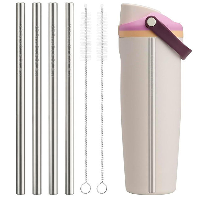 Sipcupmate Metal Straw Replacement Compatible with Owala FreeSip Sway 30oz Bottles, 4 Reusable Stainless Steel Straws & 2 Cleaning Brushes, 8.27" for Smooth Drinking