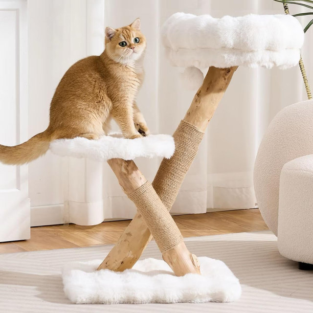Hittite Indoor Natural Solid Wood 32-in Faux Fur Cat Tree Tower with Scratching Post, Cozy Bed & Platforms