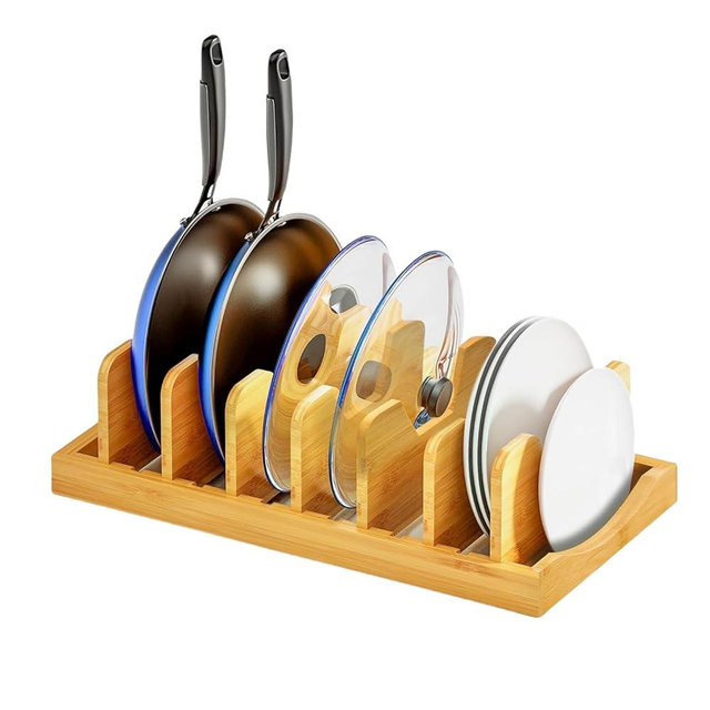 Bamboo Pot Lid Organizer for Cabinet & Kitchen Counter, Pan Lid Organizer Inside Cabinet, Pot Lid Holder, Sheet Pan Rack, Adjustable Pot Cover Holder Rack for Countertop, Under Cabinet