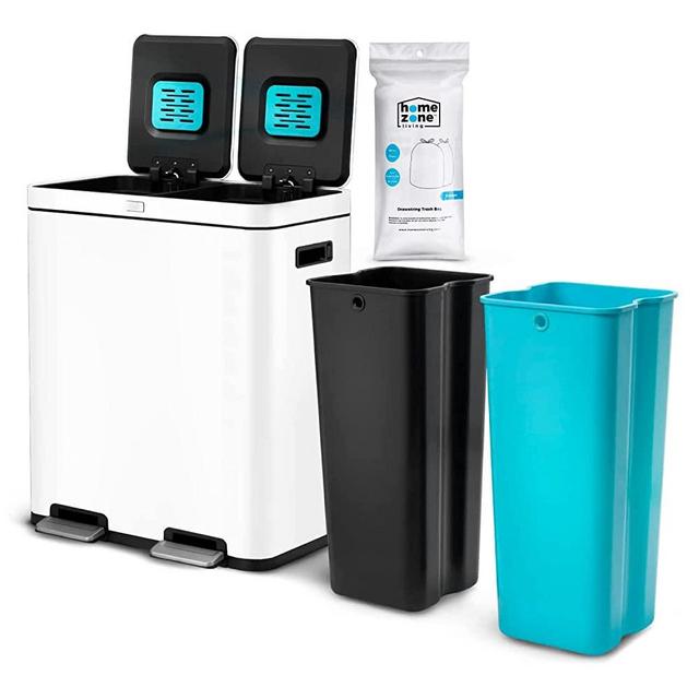 Home Zone Living 16 Gallon Dual Trash Can for Recycling and Trash with CleanAura Odor Control, 60 Liter Total Capacity, Matte White