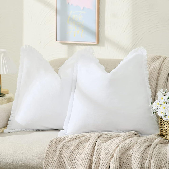 ZWJD Pillow Covers 22x22 Set of 2 White Throw Pillow Covers with Fringe Chic Cotton Decorative Pillows Square Cushion Covers for Sofa Couch Bed Living Room Farmhouse Boho Decor