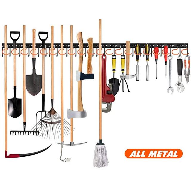 68'' All Metal Garden Tool Organizer Adjustable Garage Tool Organizer Wall Mount Garage Organizers and Storage with Heavy Duty Hooks Tool Hangers for Garage Wall, Shed, Garden