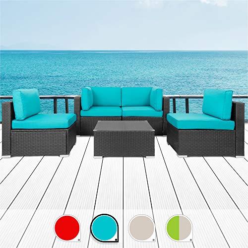 Walsunny 5pcs Patio Outdoor Furniture Sets,Low Back All-Weather Rattan Sectional Sofa with Tea Table&Washable Couch Cushions (Black Rattan) (Blue)