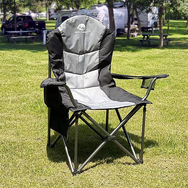 Mouthen Camping Chair with Lumbar Back Support,Outdoor Folding Heavy Duty Camp Chair for Adults,Oversized Padded Lawn Chair with Cooler Bag,Cup Holder & Side Pocket, Supports 450 LBS(Black & Grey)