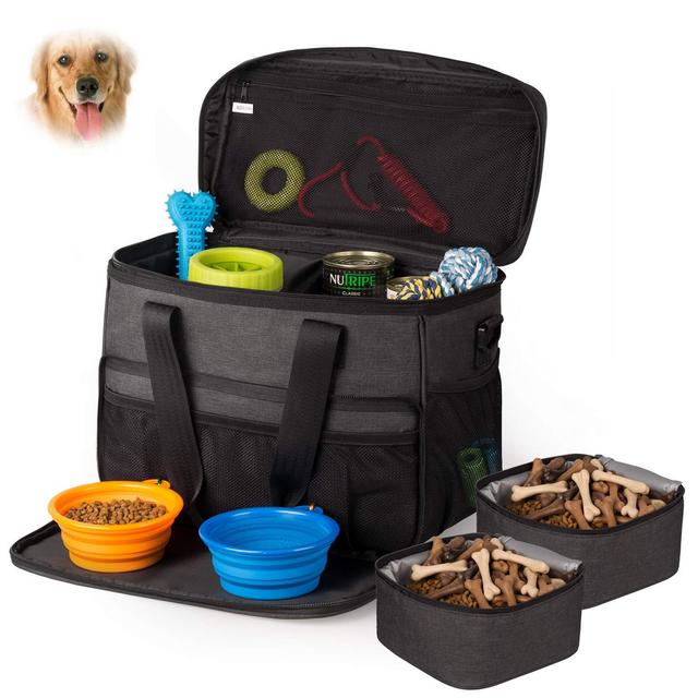 Hilike Pet Travel Bag for Dog&Cat -Weekend Tote Organizer Bag for Dogs Travel -Incudes1 Dog Tote Bag,2 Dog Food Carriers Bag,2 Pet Silicone Collapsible Bowls.(Black)