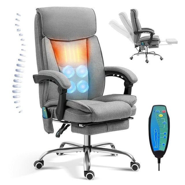 TonghuaS Massage Office Chair with Foot Rest Vibration and Heating, 90-130° Reclining Desk Chair, Ergonomic Reclining Computer Gaming Fabric Chair(Grey)