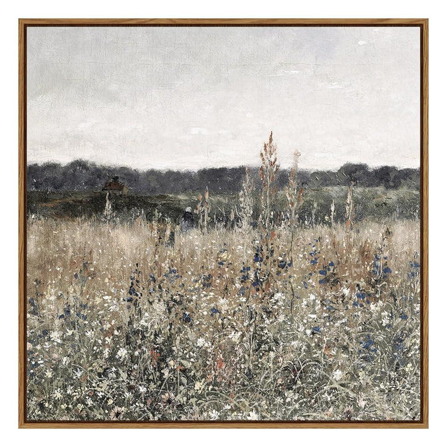 InSimSea Square Framed Canvas Wall Art, Scenery Field Home Decor, Vintage Meadow Flowers Wall Art Prints, Retro Nature Floral Wall Decor for Living Room Bedroom Home Bathroom 16"x16"