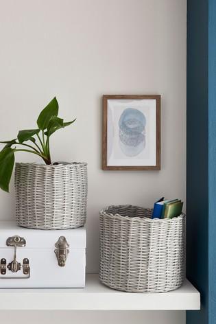 Set of 2 Plastic Wicker Storage Baskets