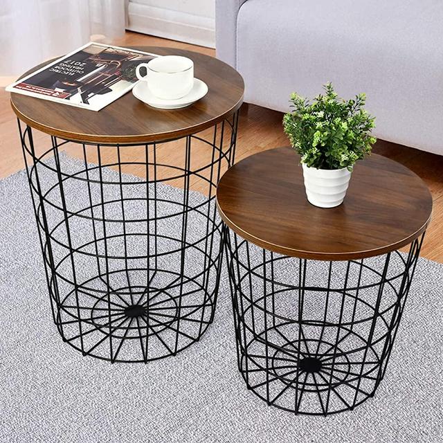 Nesting Coffee Table Set of 2 Living Room Decor Small Round End Tables with Wood Tabletop and Metal Basket Frame Modern Side Desk(Walnut)