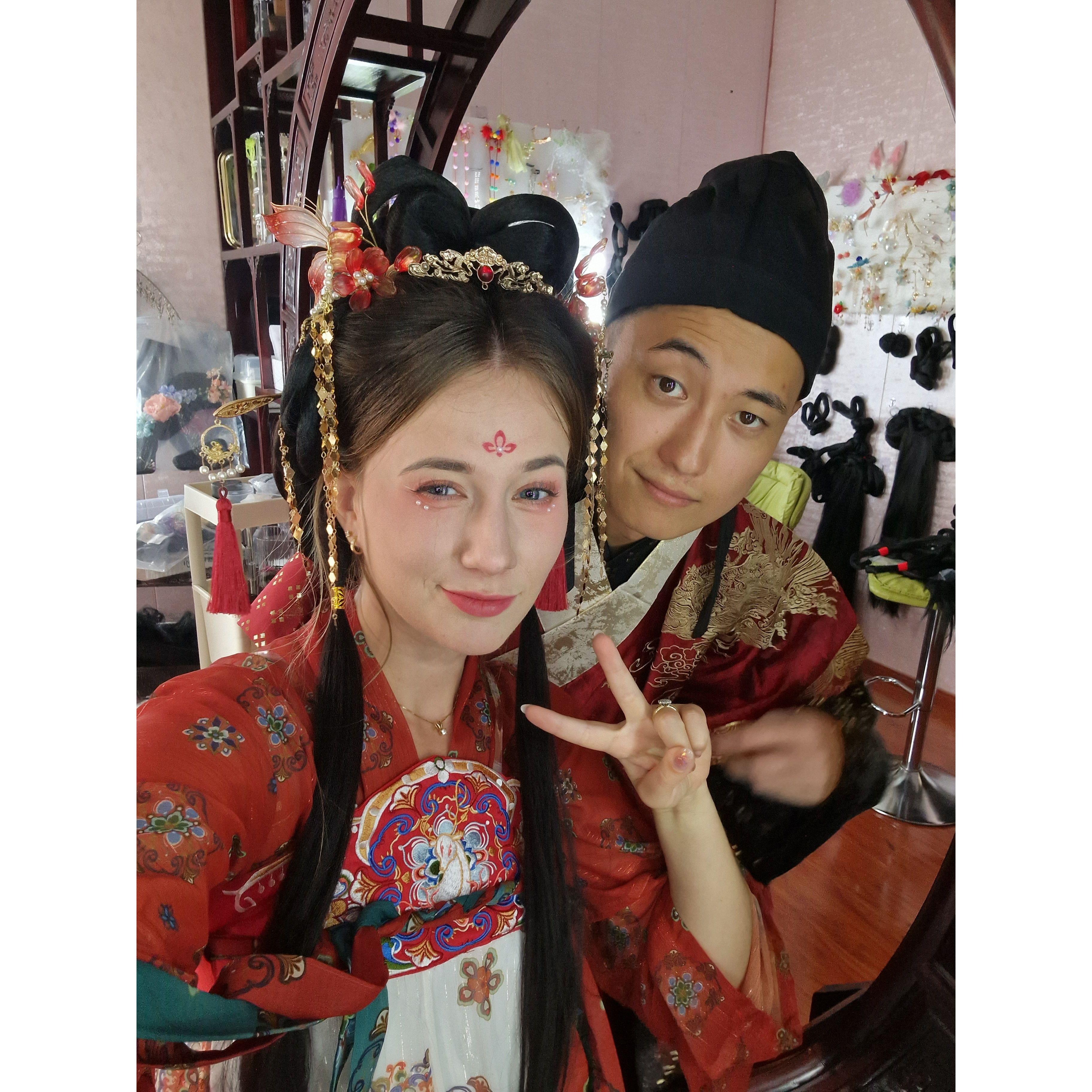 Dressing up in traditional chinese outfits in Shanghai (against Jonas' better judgement).