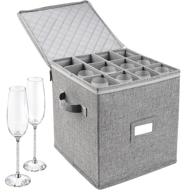 LotFancy Champagne Flute Storage Container, Hard Shell, Stackable Stemware Storage Box with Dividers & Handles, Wine Glass, Crystal Glassware, Drinkware Case for Moving, Grey