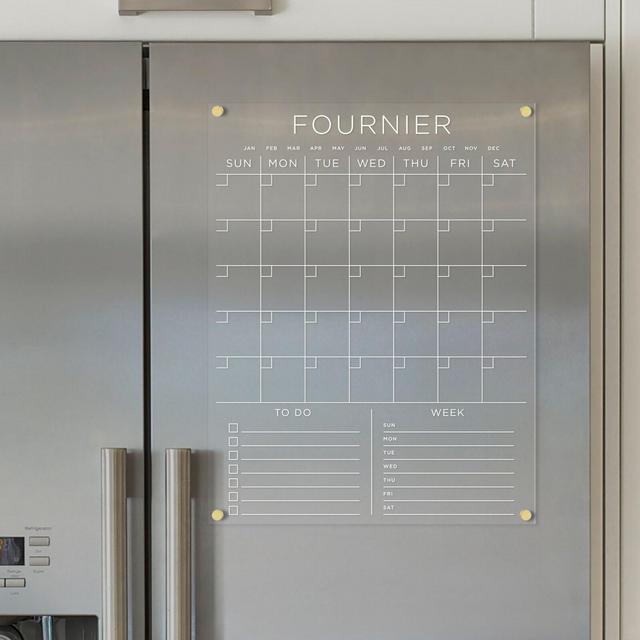 FRIDGE calendar Custom Family Name | Magnetic acrylic with bottom notes | Dry erase calendar | White text