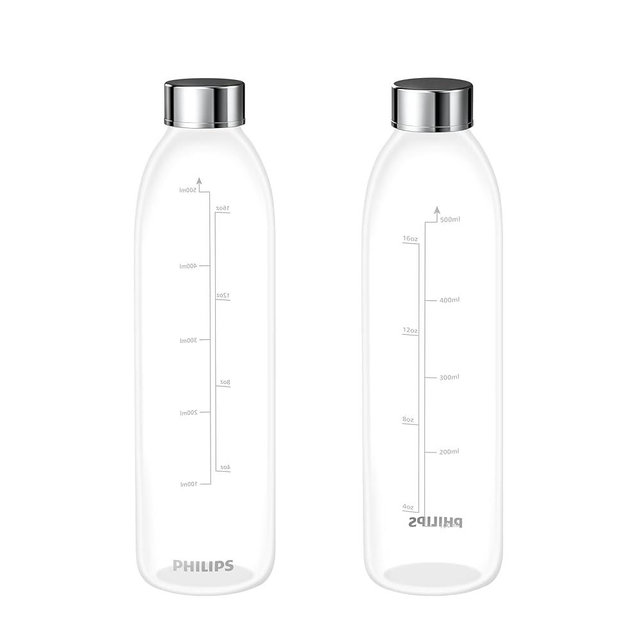 PHILIPS ADD907P2 Glass Bottles 2-Pack, 16.9oz, Compatible with ADD5930BK/37 Water Filter, Leakproof for Travel and Refrigeration, Not for Soda Machines