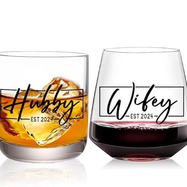 Hubby & Wifey EST 2024 Wine&Whiskey Glass Set,Unique Engagement Gift for Couples - Unique Engagement Gift for Couples,Unique Bridal Shower Gift,Bride and Groom Shot Glasses