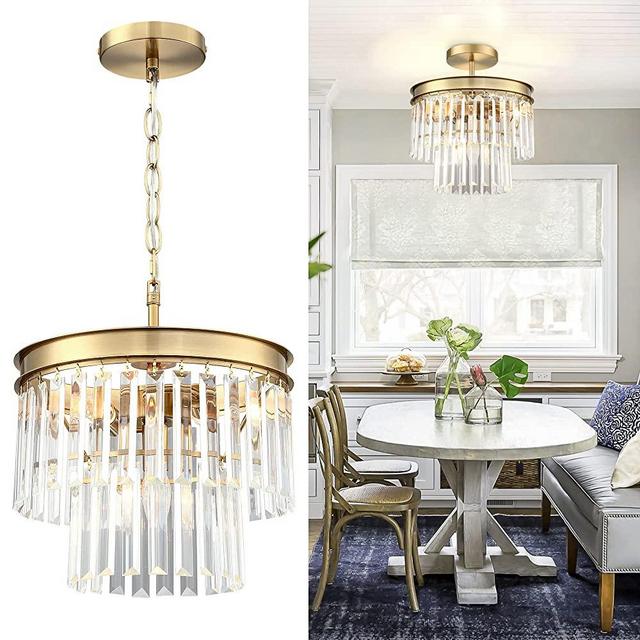 MEXO Crystal Chandelier Lighting Fixture Gold Finish 2-Tier Hanging Pendant Ceiling Lights for Living Room Bedroom Dinning Room Hallway