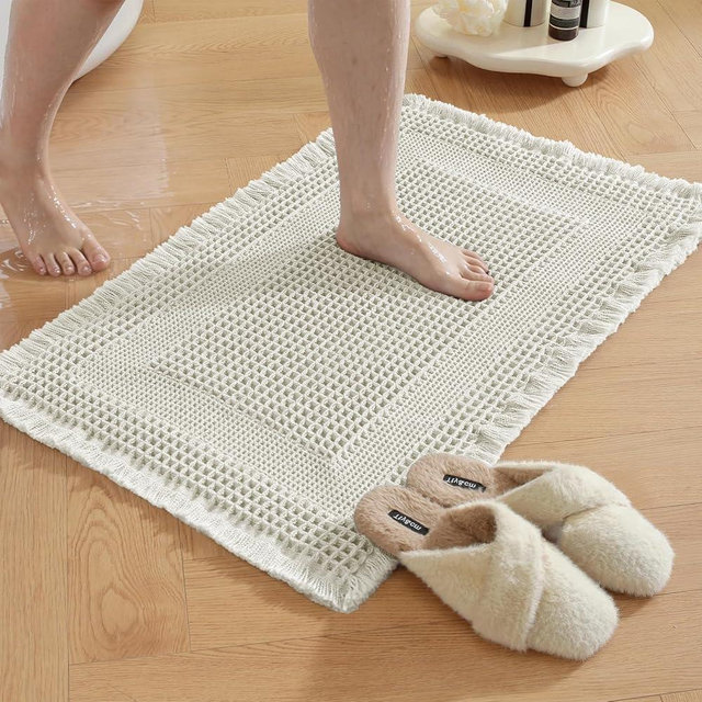 CYCMACO Waffle Bath Mat - Super Water Absorbing Bath Mat Quick Dry, Bathroom Rugs Non Slip Washable with Tassels, Rubber Backed Bathroom Mat for Bathroom Floor, Tub and Shower, 17" x 24", Off-White