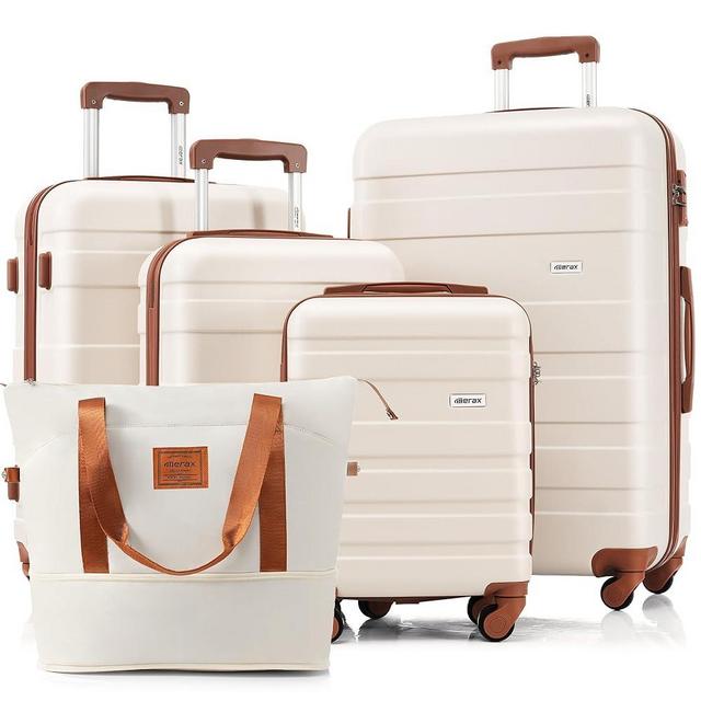 Merax 5 Pcs ABS Hardshell Luggage Spinner Wheel TSA Lock Suitcases, Ivory and Brown, 5-Piece Set