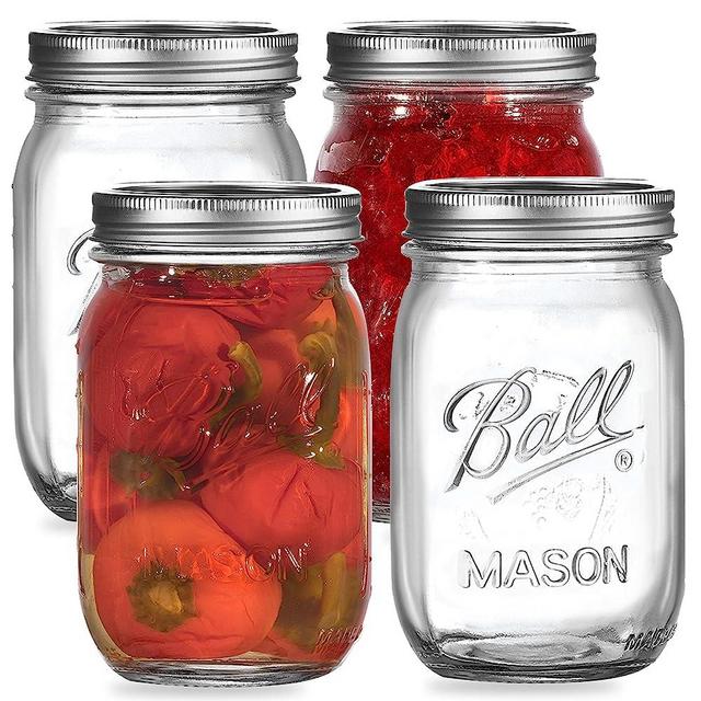 Regular Mouth Mason Jars 32 oz. (4 Pack) - Quart Size Jars with Airtight Lids and Bands for Canning, Fermenting, Pickling, or DIY Decors and Projects - Bundled with Jar Opener