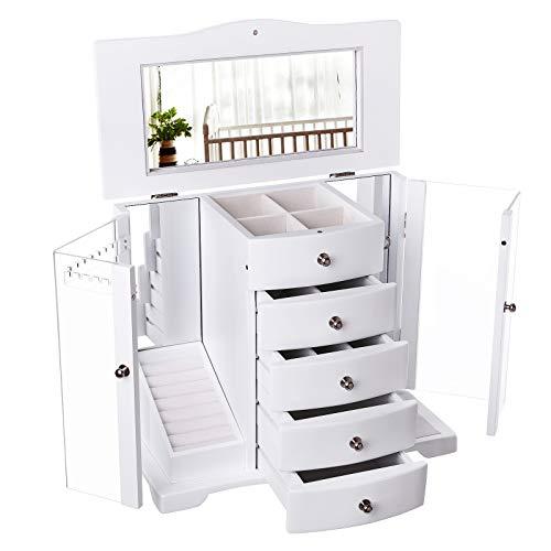 SONGMICS Wooden Jewelry Box Large Organizer with Clear Acrylic Doors and 4 Drawers, White UJOW57W