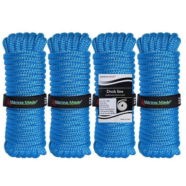 Amarine Made Dock Lines, 4 Pack of Boat Dock Lines 1/2” X 25’, 12” Eyelet Double-Braided Boat Lines Docking 968 lbs Working Load, Nylon Dock Ropes with 4840lbs Strength, for Outdoor Activities, Blue
