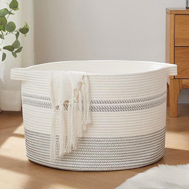 OIAHOMY Laundry Basket-Woven Storage Basket Large Cotton Rope Basket with Handles Decorative Blankets Basket for Living Room, Storage Basket for Toys Bin, Pillows and Clothes 20x13White&Black Line