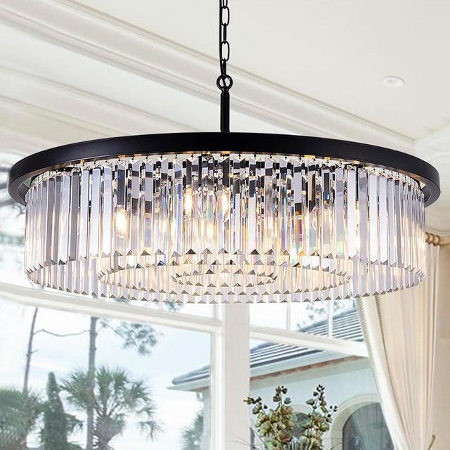 Wellmet Black Large Crystal Chandelier Modern Luxury Chandelier Ceiling Lights Fixture for Dining Room 9 Lights 3-Tier Raindrop Chandeliers Lighting for Living Room, Kitchen, Bedroom, 33.5”D