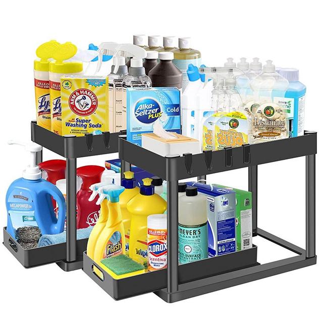 2PC Under Sink Organizer Rack 2 Tier Under Sliding Cabinet Basket Organizer Drawer with 4 Hooks, Multi-purpose Under Sink Storage for Bathroom Kitchen Desktop（Black）