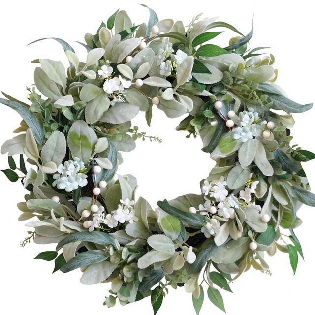 22 Inch Spring Everyday Lamb Ears Leaves Wreath with White Wild Flowers and Berries for Front Door, Welcome Wood Sign Green Leaves Wreath for Indoor Outdoor, Everyday Leaves Home Decor