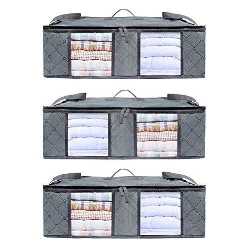 Clorso Large Clothes Storage Bags, Space Saver Clothing Organizers for Bedroom, Closet & Underbed, Large Clear Window & Carry Handles, Great for Blanket, Comforters, Linen, and More (3-Pack, Gray)