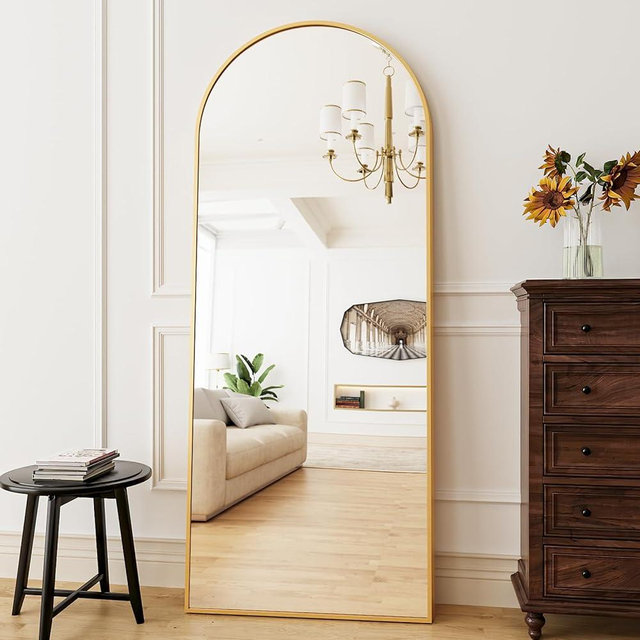 ZMYCZ Full Length Mirror, 70"x26" Mirror Full Length, Floor Standing Mirror Hanging or Leaning, Body Mirror with Stand, Extra Large Wall Mirror, Arch-Top Mirror with Aluminum Frame for Bedroom (Gold)
