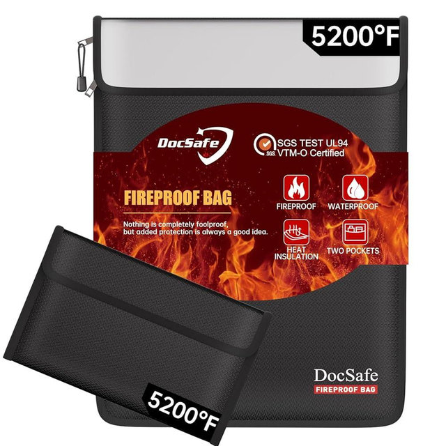 DocSafe Fireproof Document Bag (5200℉) with Fireproof Organizer Travel Case,Heat Insulated Fire＆Water Resistant 8 Layers Safe Money Bag Storage for Important Documents,Cash,Power Bank,Valuables,Black