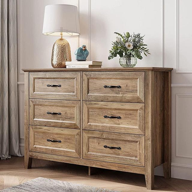 LINSY HOME Dresser for Bedroom, Long Dresser with 6 Drawers, Wood Chest of Drawers with Metal Handles, Ideal for Living Room, Entryway and Hallway