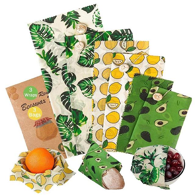 ANGMLN Beeswax Food Wrap & Bags Set of 6 Including Wraps 3 Pack & Bags 3 Pack Reusable Sustainable Durable Eco-Friendly Organic Food Wrap, Plastic Wrap Alternative for Food Storage