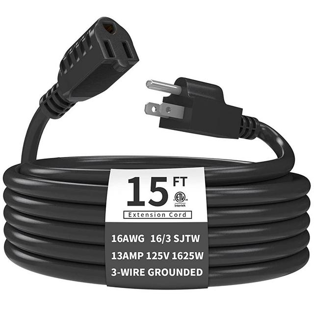 Outdoor Extension Cord 15 FT Waterproof, 16/3 Gauge Black Heavy Duty 3 Prong Extension Cord, 13A 1625W SJTW, ETL Listed, Great for Garden and Home