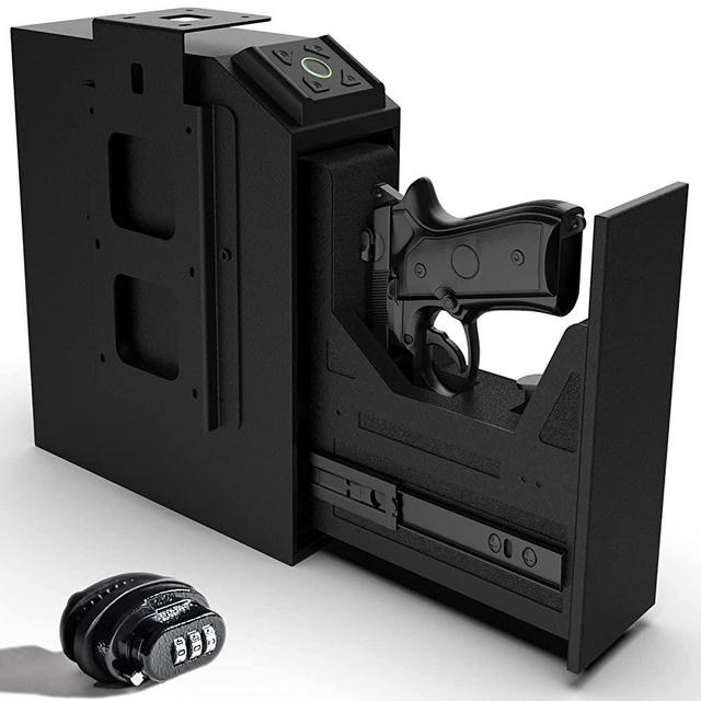 Gun Safes for Pistols Quick Access Biometric Slider Handgun Mounted Gun Safe for Nightstand Single Hand Gun Lock Box Next to Bed Wall Bedside Sliding Personal Safe with Fingerprint Keypad