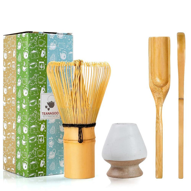 TEANAGOO Matcha Whisk Set, Bamboo Matcha Whisk (Chasen), 4 Pcs Traditional Starter Matcha Set, Scoop (Chashaku) Tea Spoon Whisk Holder, Matcha Accessory, Bamboo Whisk For Matcha Tea (100prongs)