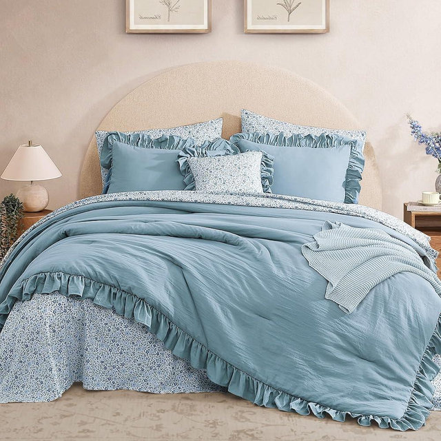 BLOOMHAVEN Queen Comforter Set - 7 Pieces Ruffle Blue Bedding Sets, Shabby Chic Farmhouse Bed in a Bag Queen with Ruffle Comforter, Floral Sheets, Pillowcases & Shams