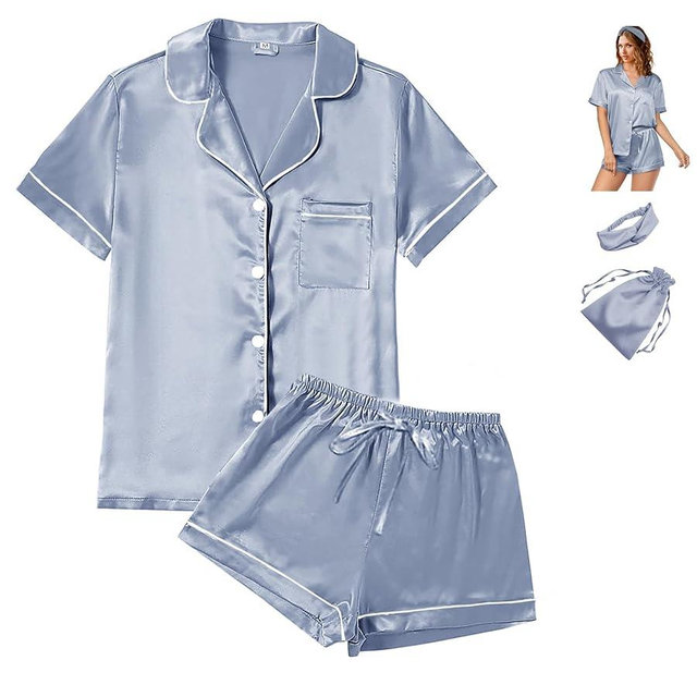 4Pcs Womens Satin Silky Pajama Sets Short Sleeve Shirt XS-4XL Floral Pajamas Set Soft PJ Loungewear Sleepwear