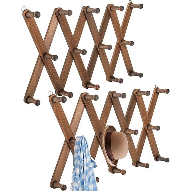 Cedilis 2 Pack Expandable Wooden Coat Rack, 14 Hooks Wall Coffee Mug Rack, Wall Mounted Vintage Accordion Peg Hanger for Hats, Baseball Caps, Mugs, Coats, Scarf, Bag, Walnut Color