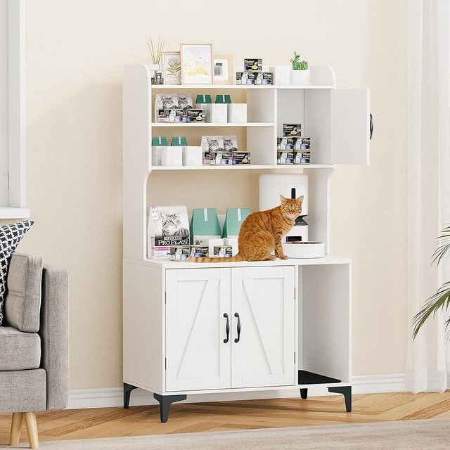 IDEALHOUSE Cat Litter Box Enclosure with Shelves and Doors,Wood Sturdy Hidden Litter Box Furniture,Indoor Cat House Furniture for Most of Litter Box,Litter Box Cabinet,White