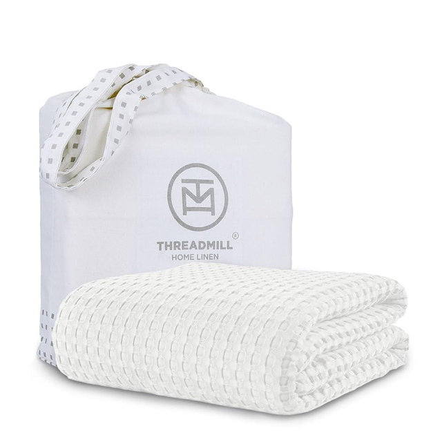 Threadmilll Cooling Cotton Waffle Queen Size Blanket | Breathable, Lightweight & Ultra-Soft | Made from Rayon Derived from Bamboo | Cooling Throw Blanket for Couch and Sofa | 90 x 92 Inches | White
