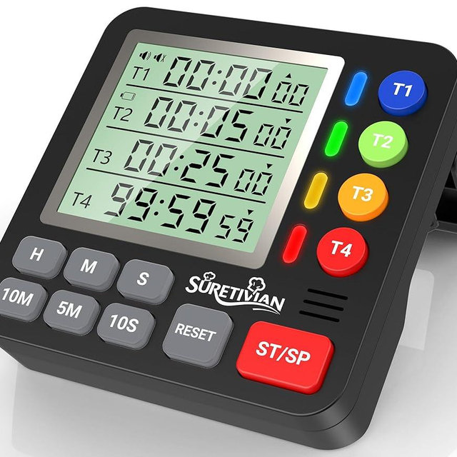 Digital Kitchen Timer for Cooking - 4 Channel Count Up Countdown Timer with Loud Alarm and Silent Mode, Large Display, Magnetic Back, Auto Memory for Classroom Study Gym, Battery Included (Black)