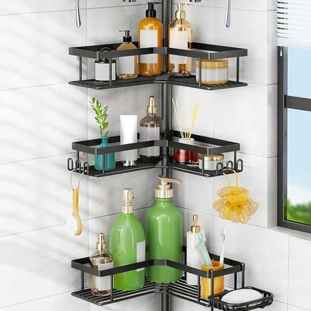 HAMITOR Shower Caddy Tension Pole: 4-Tier Corner Rustproof Bathroom Organizer with Soap Holder & Hooks - No-Drill Adjustable Shower Shelf for Renters - Family Stand Storage Rack - 47-123 Inch Black