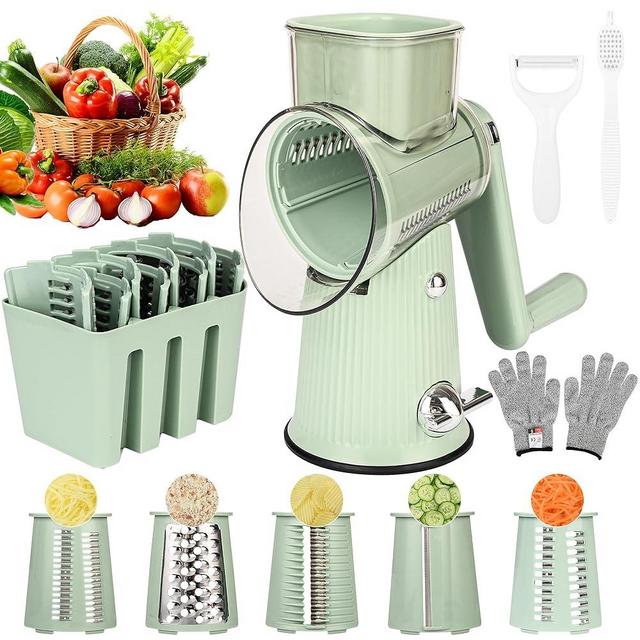 Cheese Grater With Hand Crank Countertop For Kitchen，Grater Shredder With Handle For Kitchen Rotating，Vegetable Slicer，Nuts Grinder Cheese Shredder with Clean Brush(5 Blades Matcha Color)