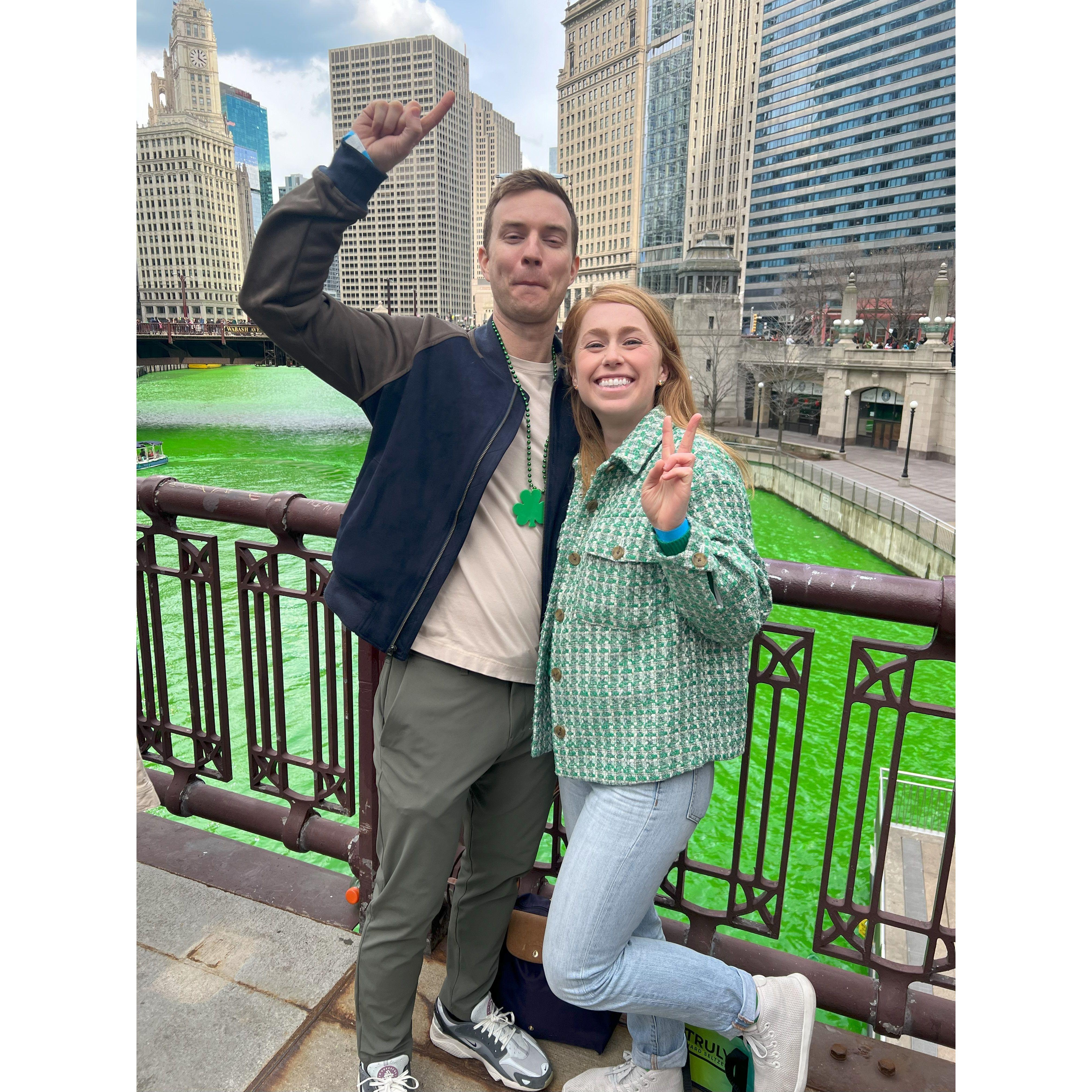 March 2024 - You can't be a true Chicagoan without seeing the green river on St. Patrick's day! Solidifying our love for our home with a pint of Guinness - and a shot of Malort!